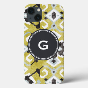 Boho chic black and yellow ikat tribal pattern iPhone 13 case