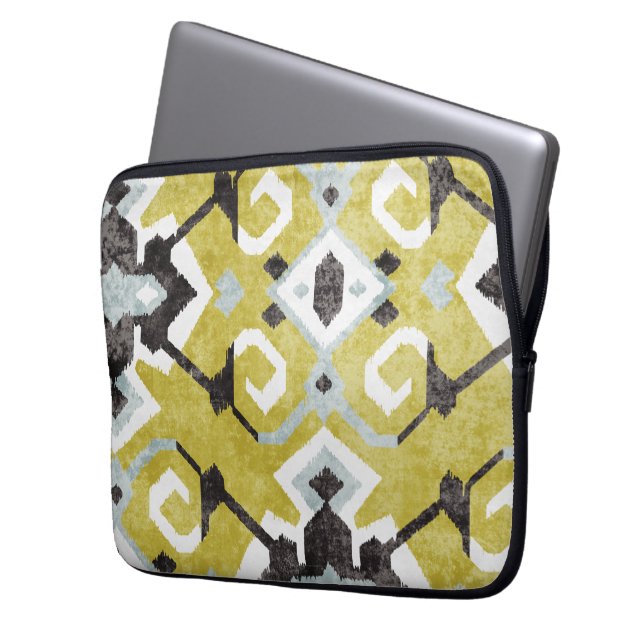 Boho chic black and yellow ikat tribal pattern laptop sleeve (Front Left)