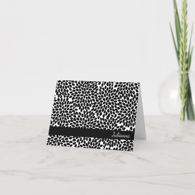 Boho Chic Black White Abstract Floral Personalised Note Card (Front)