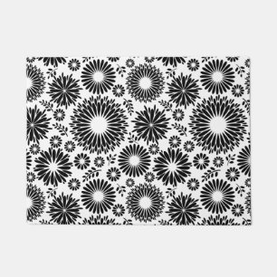 Boho Chic Black White Folk Flowers and Starburst Doormat