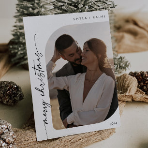 Boho Chic Black White Photo Simple Merry Christmas Holiday Card