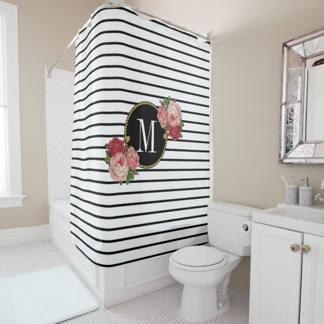Boho Chic Black White Striped Floral Monogram Shower Curtain (In Situ)