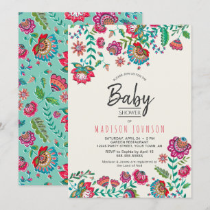 Boho Chic Blue Folk Flowers Baby Shower Invitation