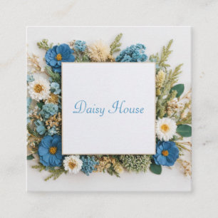 Boho Chic Blue Gold Floral Frame Square Business Card