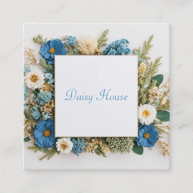 Boho Chic Blue Gold Floral Frame Square Business Card (Front)