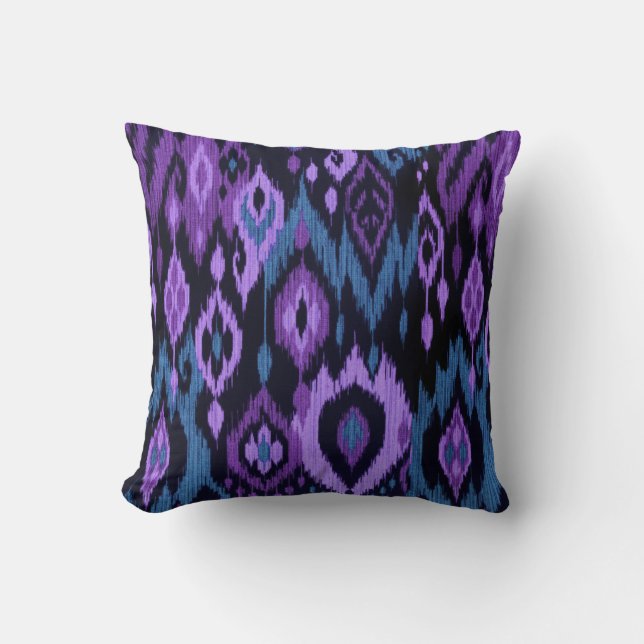 Boho Chic blue purple black Ikat Tribal Tapestry Cushion (Front)
