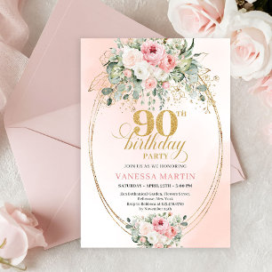 Boho Chic Blush Floral Greenery Gold 90th Birthday Invitation