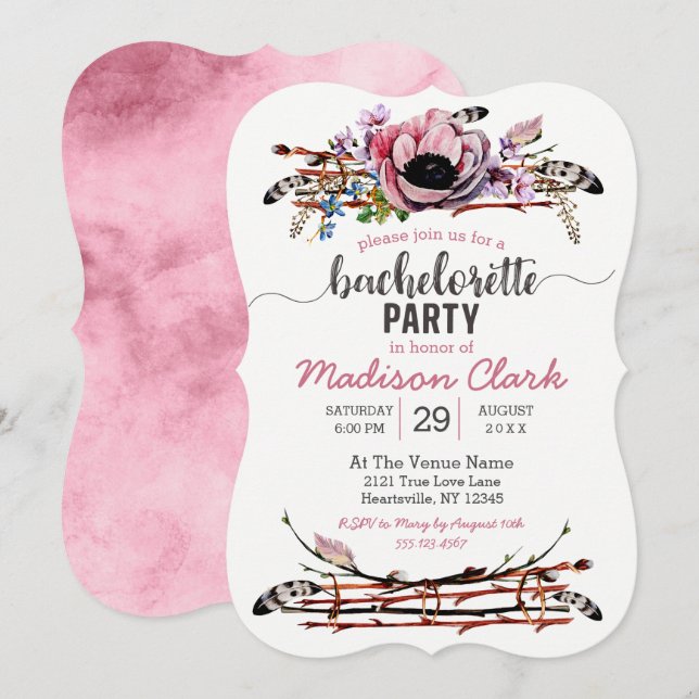 Boho Chic Blush Pink Bachelorette Party Invitation (Front/Back)