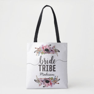 Boho Chic Blush Pink Floral Bride Tribe Monogram Tote Bag