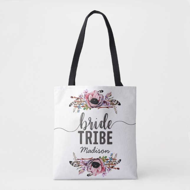 Boho Chic Blush Pink Floral Bride Tribe Monogram Tote Bag (Front)