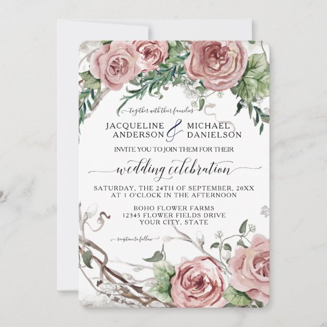 BOHO Chic Blush Pink Floral Rustic Wreath Wedding Invitation (Front)