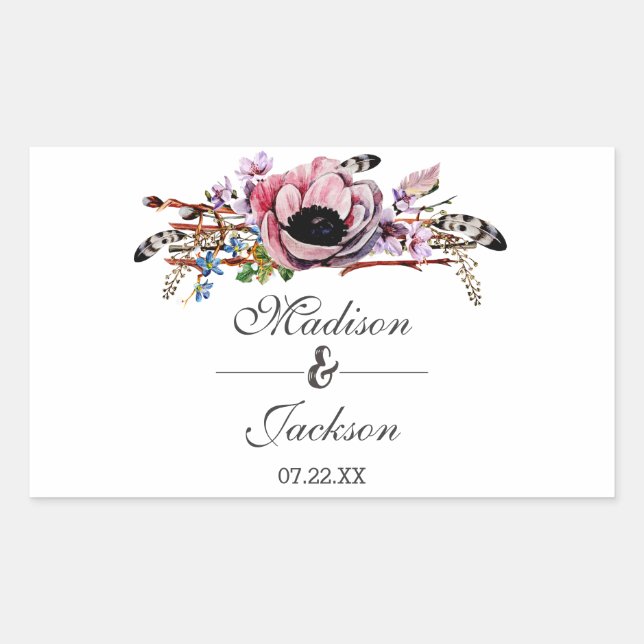 Boho Chic Blush Pink Floral Wedding Monogram Rectangular Sticker (Front)