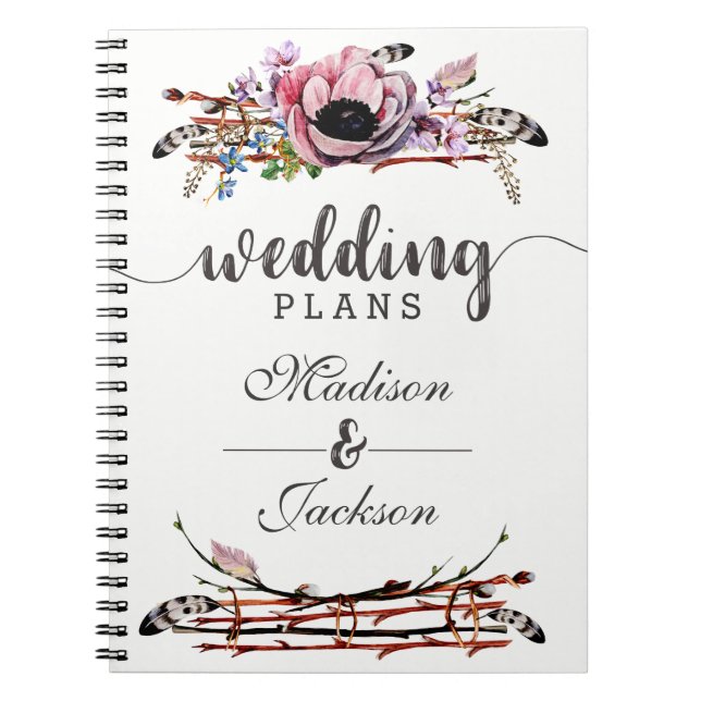 Boho Chic Blush Pink Floral Wedding Planner Notebook (Front)