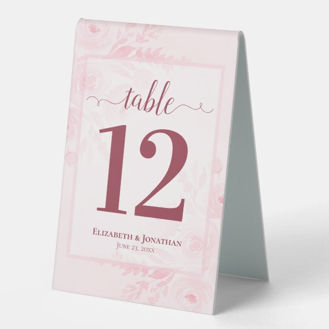 Boho Chic Blush Pink Floral Wedding Table Number (Front)