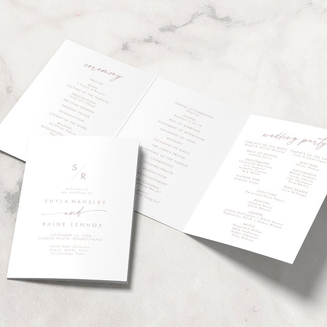 Boho Chic Blush Pink Monogram Wedding Tri-Fold Programme (Creator Uploaded)