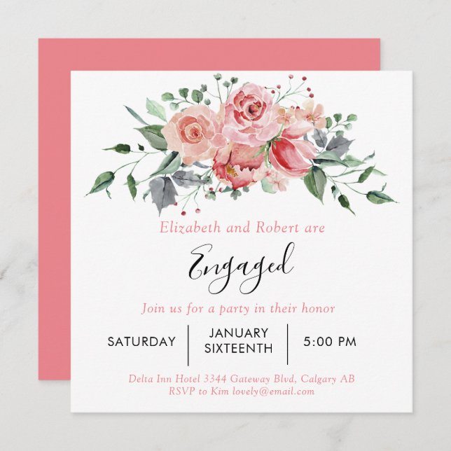 Boho Chic Blush Pink Rose Engaged Script Floral In Invitation (Front/Back)