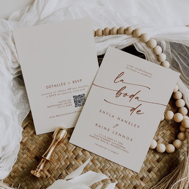 Boho Chic Bohemian Cream QR Code Spanish Wedding Invitation (Creator Uploaded)