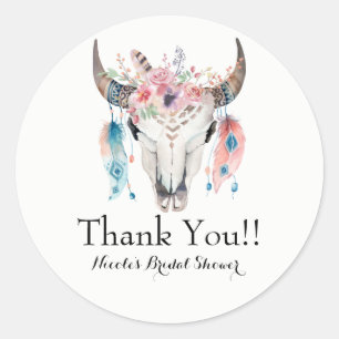Boho Chic Bohemian Feathers & Cow Skull Party Classic Round Sticker