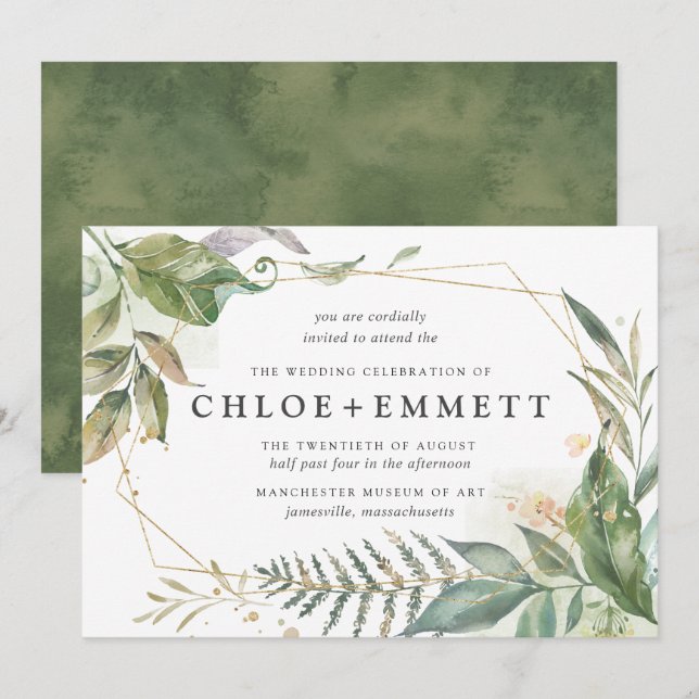 Boho Chic Botanical Gold Geometric Wedding Invitation (Front/Back)