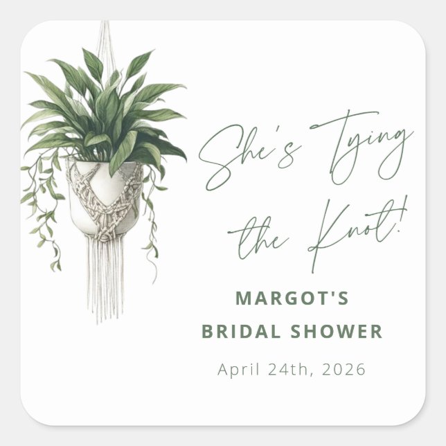 Boho Chic Botanical "Tie the Knot" Bridal Shower Square Sticker (Front)
