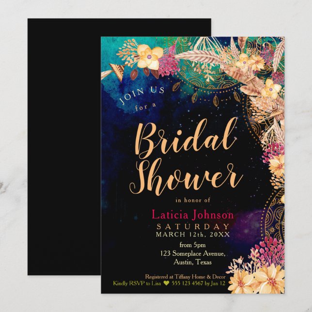 Boho Chic Bridal Shower Bohemian Floral & Feathers Invitation (Front/Back)