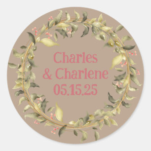 Boho Chic Brown Pink Flower Wreath Classic Round Sticker