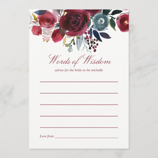 Boho Chic Burgundy and Navy Autumn Fall Wedding Advice Card (Front)