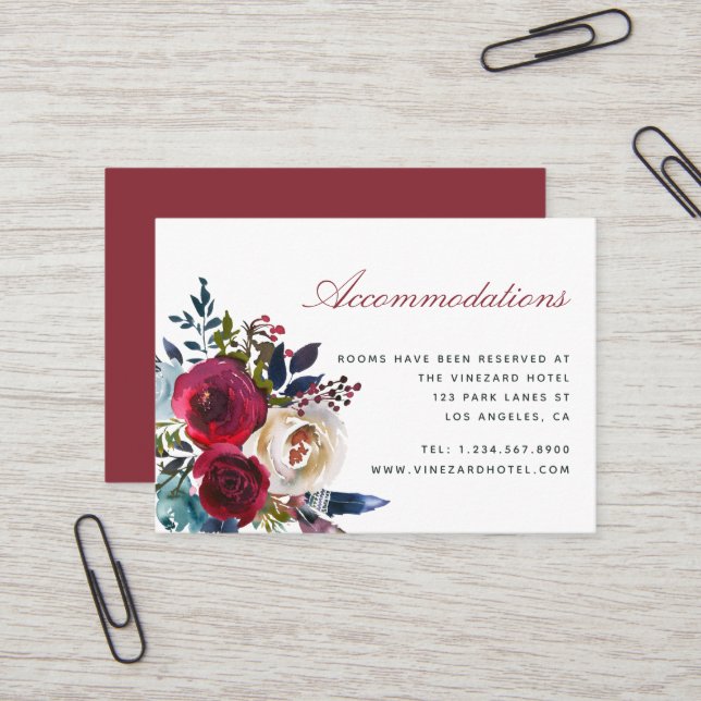 Boho Chic Burgundy and Navy Autumn Fall Wedding Business Card (Front/Back In Situ)