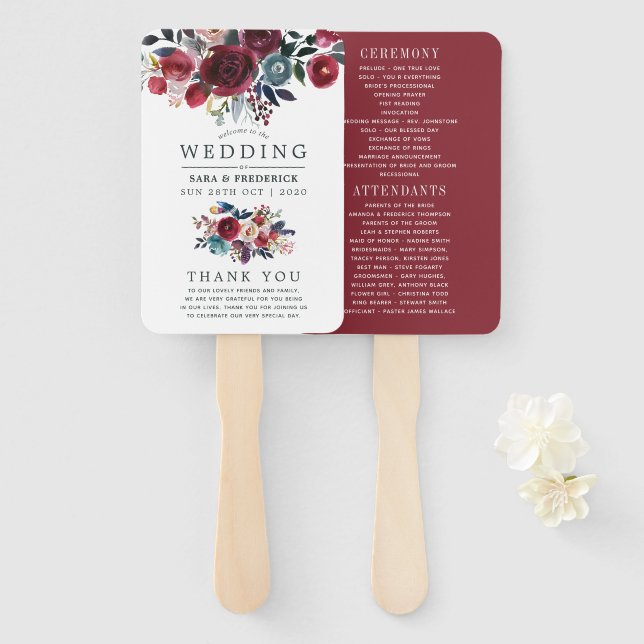 Boho Chic Burgundy and Navy Autumn Fall Wedding Hand Fan (Front and Back)