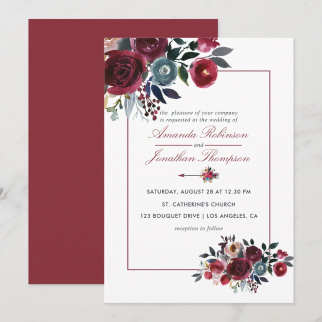 Boho Chic Burgundy and Navy Autumn Fall Wedding Invitation (Front/Back)