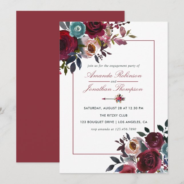 Boho Chic Burgundy and Navy Autumn Fall Wedding Invitation (Front/Back)