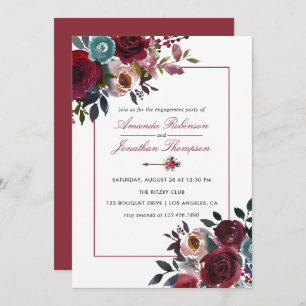 Boho Chic Burgundy and Navy Autumn Fall Wedding Invitation