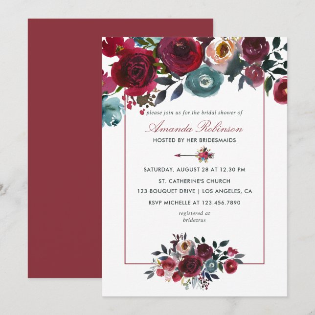 Boho Chic Burgundy and Navy Autumn Fall Wedding Invitation (Front/Back)
