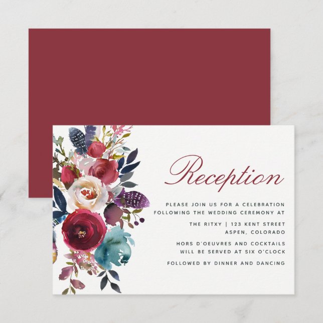 Boho Chic Burgundy and Navy Autumn Fall Wedding Invitation (Front/Back)