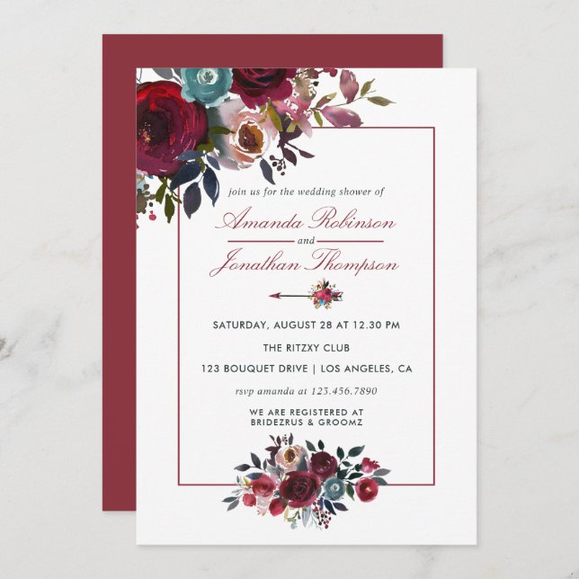 Boho Chic Burgundy and Navy Autumn Fall Wedding Invitation (Front/Back)