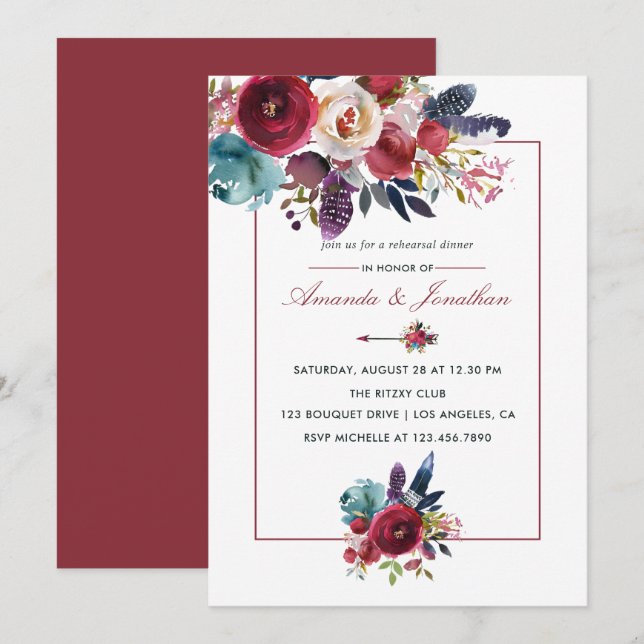Boho Chic Burgundy and Navy Autumn Fall Wedding Invitation (Front/Back)