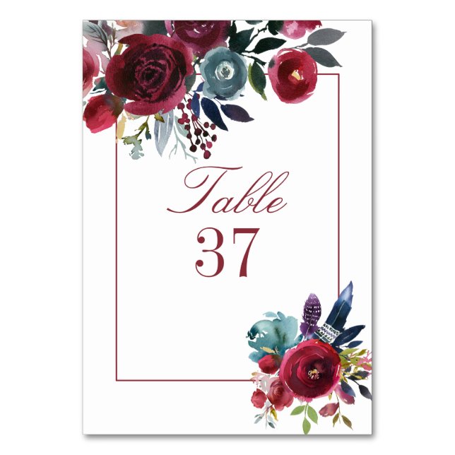 Boho Chic Burgundy and Navy Autumn Fall Wedding Table Number (Front)