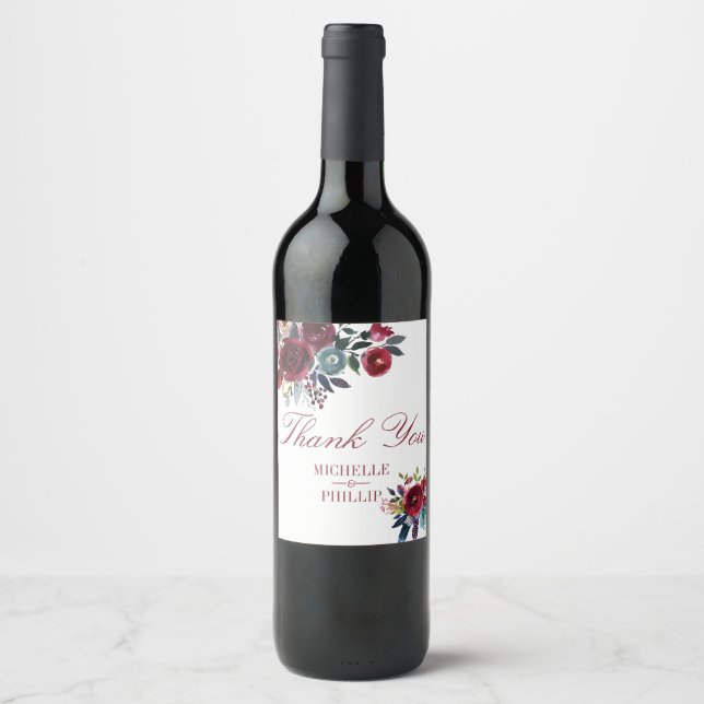 Boho Chic Burgundy and Navy Autumn Fall Wedding Wine Label (Front)