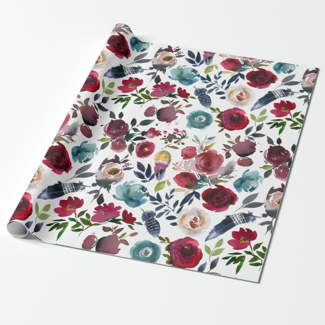 Boho Chic Burgundy and Navy Autumn Fall Wedding Wrapping Paper (Unrolled)