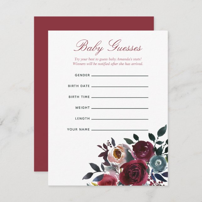 Boho chic burgundy and navy Baby Shower Guessing Invitation (Front/Back)