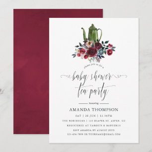 Boho Chic Burgundy and Navy Baby Shower Tea Party Invitation