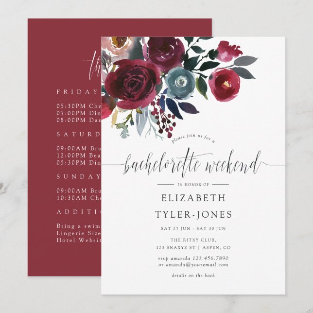 Boho Chic Burgundy and Navy Bachelorette Weekend Invitation (Front/Back)