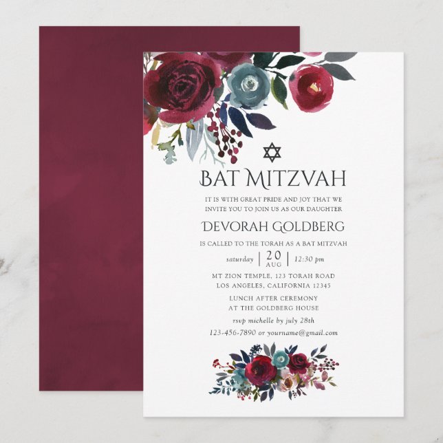 Boho Chic Burgundy and Navy Bat Mitzvah Invitation (Front/Back)