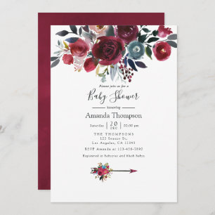 Boho Chic Burgundy and Navy floral Baby Shower Invitation