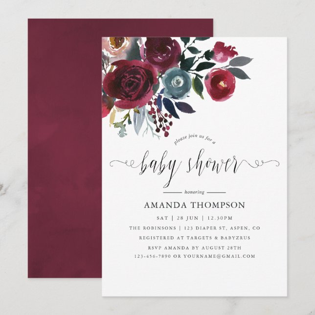 Boho Chic Burgundy and Navy floral Baby Shower Invitation (Front/Back)