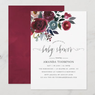 Boho Chic Burgundy and Navy floral Baby Shower Invitation