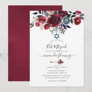 Boho Chic Burgundy and Navy Floral Bat Mitzvah Invitation