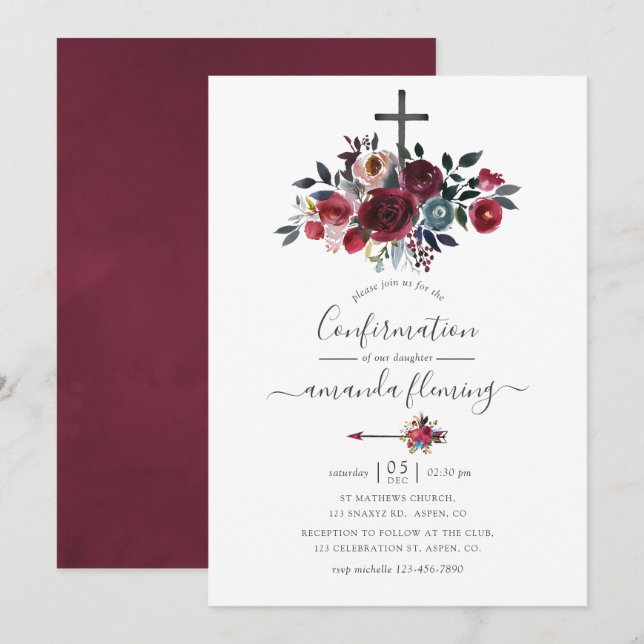 Boho Chic Burgundy and Navy Floral Confirmation Invitation (Front/Back)
