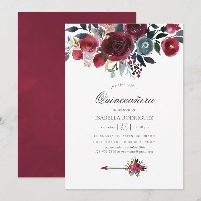 Boho Chic Burgundy and Navy floral Quinceañera Invitation (Front/Back)