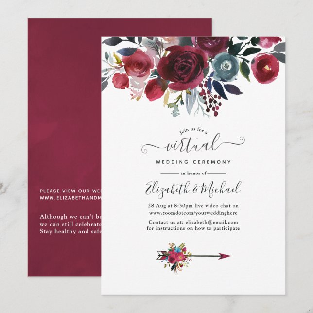 Boho Chic Burgundy and Navy floral Virtual Wedding Invitation (Front/Back)